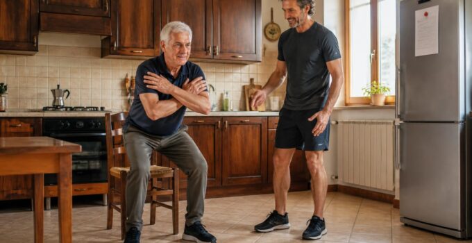 Anziano che si alza da una sedia in cucina con le braccia incrociate, accanto al figlio che lo incoraggia